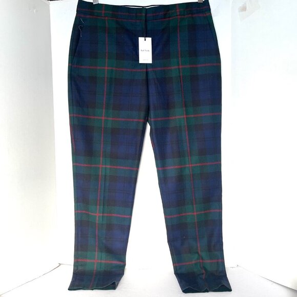 Paul Smith Wool Tartan Pant Womens 10/46 Blue Green Tapered Slim Tailored Fall - Picture 5 of 10